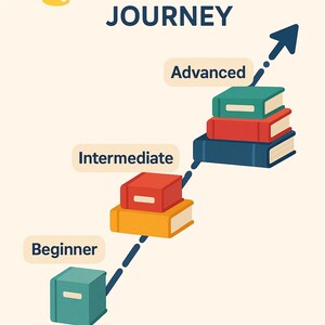 May include: An illustration titled "PYTHON LEARNING JOURNEY" depicts a learning path with stacked books representing beginner, intermediate, and advanced levels. A blue arrow indicates progress, with the Python logo in the upper left.