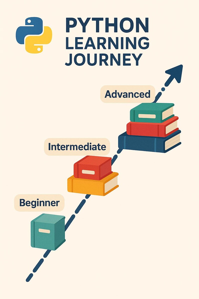 May include: An illustration titled "PYTHON LEARNING JOURNEY" depicts a learning path with stacked books representing beginner, intermediate, and advanced levels. A blue arrow indicates progress, with the Python logo in the upper left.