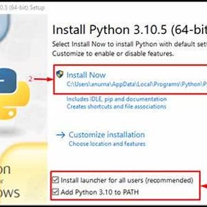 May include: A screenshot of the Python 3.10.5 (64-bit) setup screen. The screen displays options to install Python with default settings or customize the installation. The text "Install Now" is highlighted, along with other installation options.