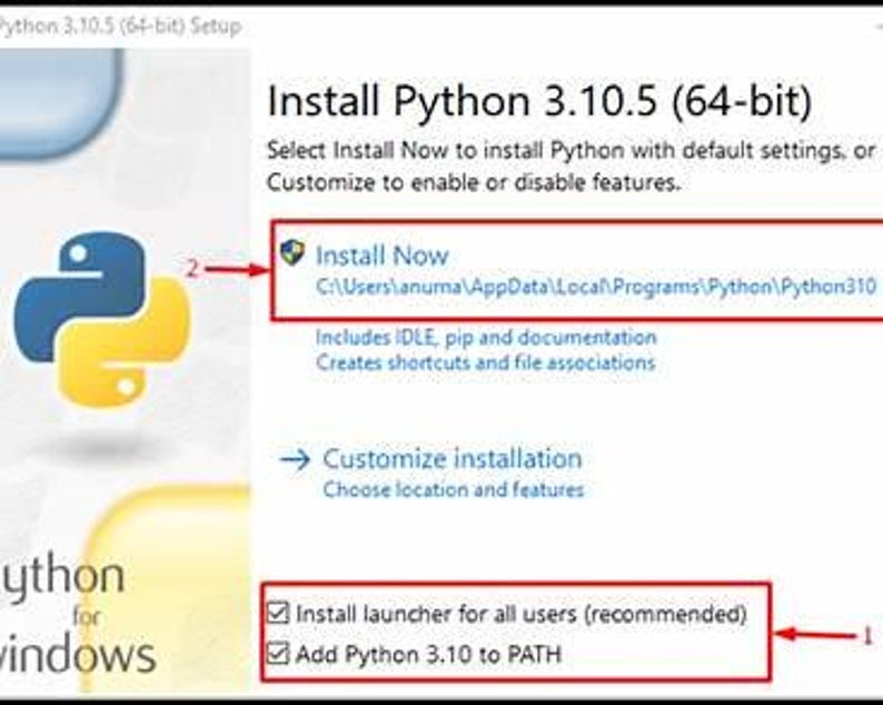 May include: A screenshot of the Python 3.10.5 (64-bit) setup screen. The screen displays options to install Python with default settings or customize the installation. The text "Install Now" is highlighted, along with other installation options.