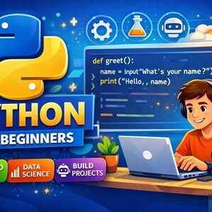 May include: An illustration promoting Python programming for beginners. The image features the Python logo, text reading "PYTHON FOR BEGINNERS", and a cartoon of a person using a laptop. Additional text includes "LEARN TO CODE", "DATA SCIENCE", and "BUILD PROJECTS". A rocket ship is depicted.