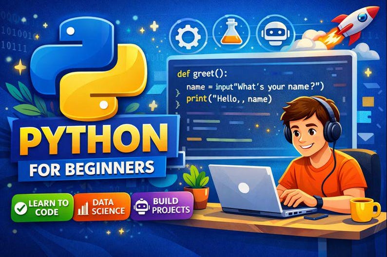May include: An illustration promoting Python programming for beginners. The image features the Python logo, text reading "PYTHON FOR BEGINNERS", and a cartoon of a person using a laptop. Additional text includes "LEARN TO CODE", "DATA SCIENCE", and "BUILD PROJECTS". A rocket ship is depicted.