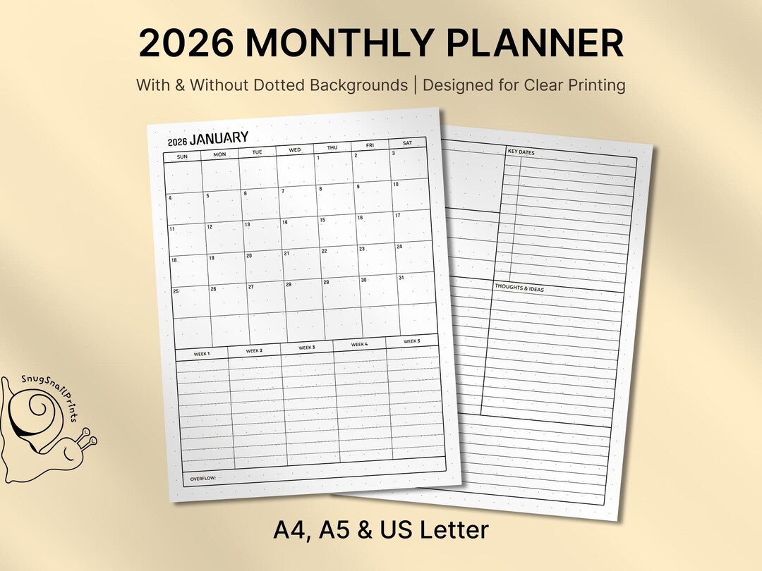 2026 Monthly Planner| Minimal Printable Monthly Calendar and Planning