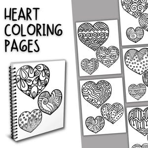 Könnte beinhalten: Ein Spiralnotizblock und mehrere lose Papierblätter mit herzförmigen Malvorlagen. Die Herzen sind mit komplizierten Mustern verziert. Der Text "HEART COLORING PAGES" wird in fetten, schwarzen Buchstaben angezeigt.