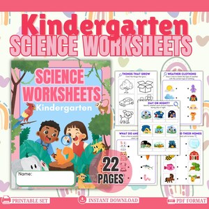 Könnte beinhalten: Druckbares Set mit naturwissenschaftlichen Arbeitsblättern für den Kindergarten. Das Cover zeigt Kinder mit einem Eichhörnchen und einem Papagei. Die Arbeitsblätter behandeln Themen wie Wetter, Tierheime und Wachstum. Das Set umfasst 22 Seiten.
