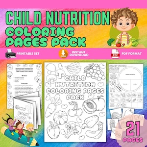 Könnte beinhalten: Ein druckbares Set mit Malvorlagen zur Kinderernährung. Das Bild zeigt Malvorlagen mit Illustrationen von Obst, Gemüse und Ernährungsinformationen. Der Text auf dem Bild lautet "Child Nutrition Coloring Pages Pack" und "Printable Set".