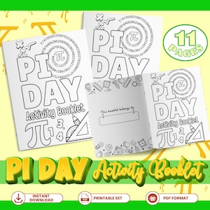 Könnte beinhalten: Ein weißes Pi-Tag-Aktivitätsheft mit dem Text "Pi Day Activity Booklet" und dem Pi-Symbol. Das Heft enthält die Zahlen 3, 4 und die Zahlenfolge 3.1415926535. Das Bild zeigt auch einen grünen Kreis mit dem Text "11 Seiten".