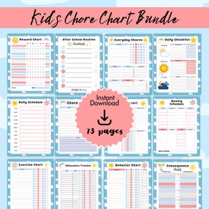 Könnte beinhalten: Ein Bundle druckbarer Kinder-Pflichtenhefte mit blauem und rosa Farbschema. Die Charts umfassen Belohnungs-Charts, Tagespläne und Verhaltens-Charts. Der Text "Kids Chore Chart Bundle" steht oben, und "Instant Download" steht in der Mitte.