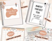 Vision Board Planner Printable, Tan Flower Manifestation Planner Bundle, Workbook, Undated Calendar, Stickers