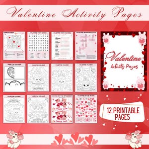 Könnte beinhalten: Ein rot-weißes Valentinstags-Aktivitätspaket mit 12 bedruckbaren Seiten. Die Seiten enthalten Labyrinthe, Wortsuchrätsel, Malvorlagen und ein Kreuzworträtsel. Die Worte "Valentine Activity Pages" sind in einer dekorativen Schriftart dargestellt.