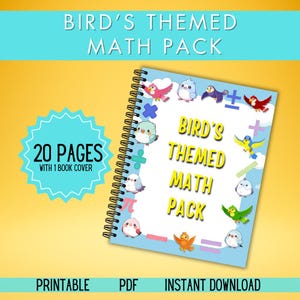 Könnte beinhalten: Ein Spiralnotizbuch mit dem Titel "Bird's Themed Math Pack" und Illustrationen von Cartoon-Vögeln. Das Cover zeigt den Titel in Gelb und Blau, zusammen mit mathematischen Symbolen und dem Text "20 Pages". Die Wörter "Printable", "PDF" und "Instant Download" sind ebenfalls sichtbar.