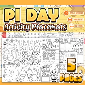 Könnte beinhalten: Ein Set mit Pi-Tag-Aktivitäts-Tischsets mit Labyrinthen, Malvorlagen und Mathe-Rätseln. Die Tischsets zeigen den Text "Pi Day" und "Happy Pi Day" in einer verspielten Schriftart, mit Bildern von Kuchen und dem Pi-Symbol. Enthält 5 Seiten.