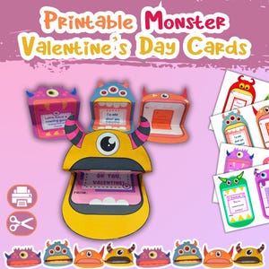 Könnte beinhalten: Druckbare Monster-Valentinstagskarten in verschiedenen Farben. Die Karten zeigen Monster-Designs mit Text, darunter "Oh You, Valentine!" und "I'm wild about you." Das Bild enthält auch Symbole zum Drucken und Schneiden.
