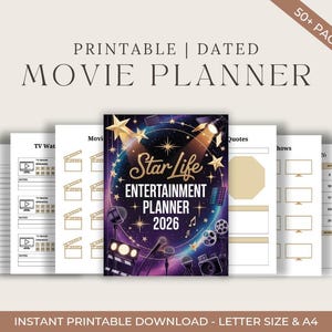 Könnte beinhalten: Ein druckbarer, datierter Filmplaner mit dem Titel "Star Life Entertainment Planner 2026". Der Planer enthält Seiten für Fernsehsendungen, Filme, Zitate und einen Kalender. Der Text "50+ PAGES" und "INSTANT PRINTABLE DOWNLOAD - LETTER SIZE & A4" ist ebenfalls enthalten.