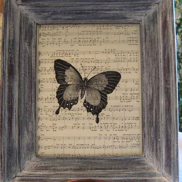 Set of 3 Butterfly Art Prints on Vintage Music Paper Ready to Frame