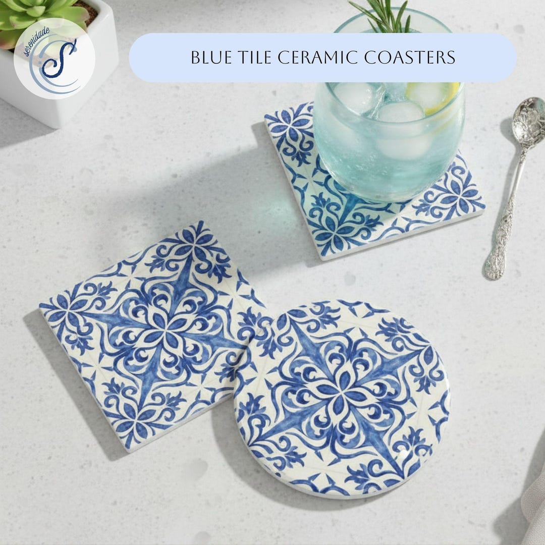 Blue Tile Ceramic Coaster Mediterranean Moroccan Floral Coaster ...