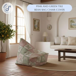 May include: A pink and green tile bean bag chair cover. The cover features a patchwork design with floral and geometric patterns. The bean bag is in a living room setting with a round rug, a small table, and a potted lemon tree.