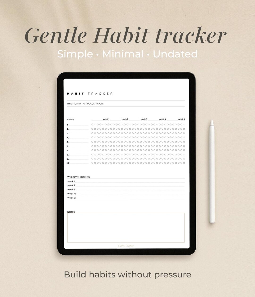 Calm Notes Habit Tracker Printable | Minimal Habit Tracker | Calm Notes Planner ...