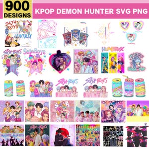 May include: A collection of 900 KPOP Demon Hunter SVG PNG designs. The designs include illustrations of anime characters, soda cans, and text that reads "SAJA BOYS", "HUNTRIX", and "MY LITTLE SODA POP".