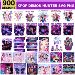 May include: A collection of 900 KPOP Demon Hunter SVG PNG designs. The images feature colorful illustrations of K-pop groups, anime-style characters, and text elements. The designs are in various styles, including portraits and graphic compositions.