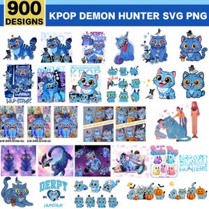 May include: A collection of digital designs featuring cartoon blue cats with various accessories and poses. The designs include text that reads "KPOP DEMON HUNTER" and "DERPY". The image also includes the text "900 DESIGNS".