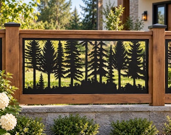 Pine Tree Forest Metal Railing Insert, Outdoor Deck Fence Privacy Panel, Indoor Staircase Guard Rail, Rustic Mountain Cabin Decor