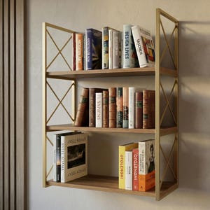 Puede incluir: Una estantería de tres niveles con estructura de metal dorado y estantes de madera. Los estantes están llenos de varios libros, incluyendo títulos como "Design Lives" y "Sapiens". La estantería está montada en una pared clara.
