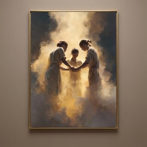 May include: A framed painting depicts three figures in light-colored clothing, holding hands in a circle. The figures are surrounded by a golden, cloud-like background, creating a sense of warmth and unity. The artwork is displayed on a neutral-colored wall.