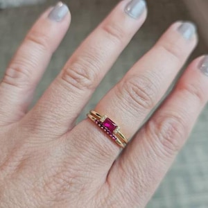 925 Sterling Silver Ruby Baguette Ring, Natural Ruby Engagement Ring, Minimalist Moissanite Stacking Ring, Simple Thin Ring