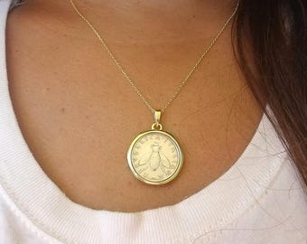 925 Sterling Silver Bee Coin Necklace, Paperclip Chain, Ancient Greek Pendant