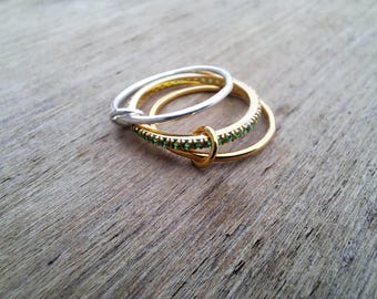 925 Sterling Silver Multi Link Band, Green Emerald Stone Ring, Two-Tone Connector, SPINELLIKILCOLLIN Ring
