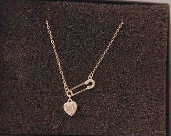 Sterling Silver Heart Safety Pin Necklace, Pink Tourmaline Diamond Pendant