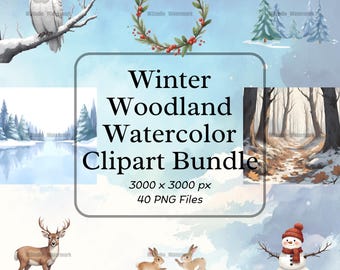 Winter Woodland Watercolor Clipart Bundle of Forest, Animals, Frozen Lake & Snowy Trees Digital and Printable