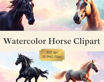 Watercolor Horse Cliparts in Motion – Walking, Running & Riding Horses with Scenic Views, Transparent PNG, 300 DPI Digital Download