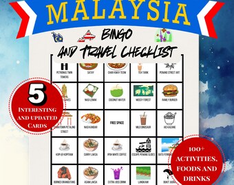Malaysia Bingo Cards & Travel Checklist, 100 Things To Do in Malaysia, Editable Canva Print-Ready