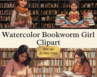 Watercolor Bookworm Girl Clipart Bundle Transparent Background PNG Files