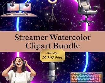 Streamer Pastel Cyber Neon Streaming Gear, Twitch, YouTube Creator Graphics Watercolor Clipart Bundle
