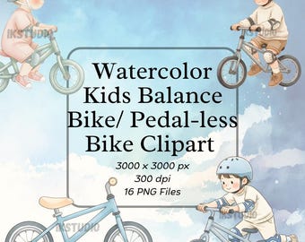 Watercolor Playful Kids Riding Balance Bike Pedal-Less Bikes With Safety Gear Clipart