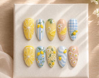 Lemon Daisy Press On Nails, Yellow Blue Summer Nails, Citrus Fruit Nails, Cute Floral Nails, Fresh Spring Nails, Handmade Gel Nails Gift for