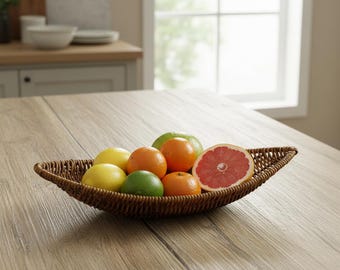 Cesta de frutas de ratán tejido, bandeja de almacenamiento de cocina bohemia, organizador rústico de bocadillos y pan