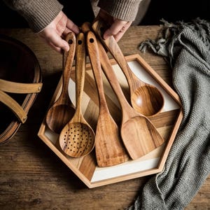 Wooden Cooking Utensil Set, 5 Piece Teak Kitchen Tools, Natural Spoon Set