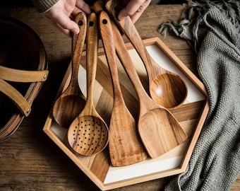 Wooden Cooking Utensil Set, 5 Piece Teak Kitchen Tools, Natural Spoon Set
