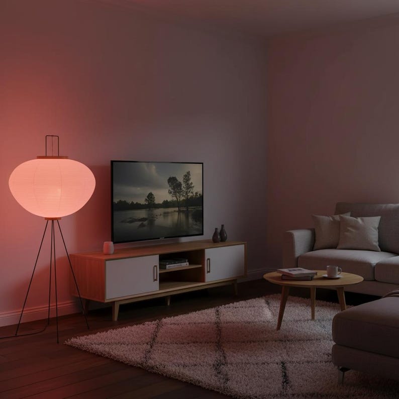 May include: A modern living room with a large, round paper lantern floor lamp with a warm glow. The lamp is supported by a black tripod base. A TV sits on a wooden cabinet, and a white rug covers the floor.