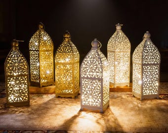 Moroccan Style LED Lantern with Cut-Out Metal Design, Warm Ambient Table Light