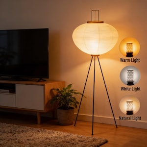 May include: A modern floor lamp with a paper lantern shade and a black tripod base. The lamp has a warm, white, and natural light setting. The lamp is in a living room setting with a TV and a plant.