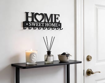 Wieszak na klucze Home Sweet Home, czarny metalowy wieszak na klucze z haczykami, do montażu na ścianie