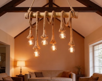 Lampa wisząca z bambusowej liny, rustykalna lampa wisząca do wyspy kuchennej, kawiarni lub wystroju loftu