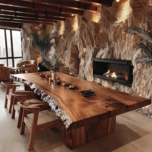 Pode incluir: Uma grande mesa de jantar de madeira com bordas naturais e cadeiras a condizer. A mesa &eacute; o ponto focal de uma sala com uma parede de pedra, uma lareira e janelas grandes. A mesa tem aproximadamente 305 cm de comprimento.
