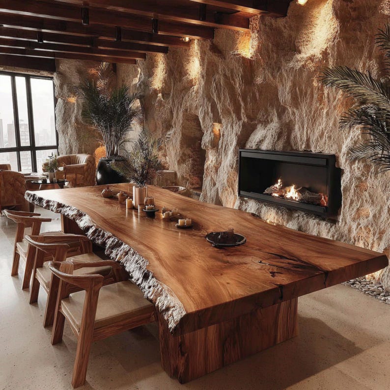 Pode incluir: Uma grande mesa de jantar de madeira com bordas naturais e cadeiras a condizer. A mesa &eacute; o ponto focal de uma sala com uma parede de pedra, uma lareira e janelas grandes. A mesa tem aproximadamente 305 cm de comprimento.