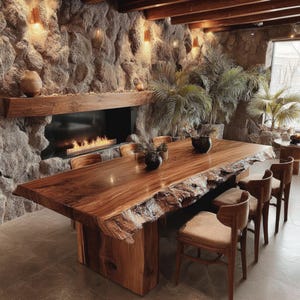 Pode incluir: Uma grande mesa de jantar de madeira com bordas naturais e cadeiras a condizer. A mesa &eacute; feita de uma &uacute;nica t&aacute;bua de madeira, mostrando o seu gr&atilde;o natural e borda viva. As cadeiras t&ecirc;m estruturas de madeira e assentos estofados. A sala tem uma parede de pedra e uma lareira.